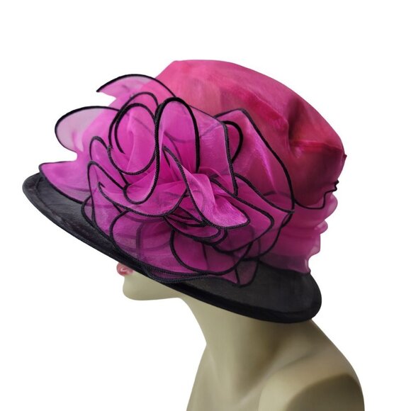 Pink and Black Ruffles Organza Packable Adjustable Dress Hat - Picture 7 of 16